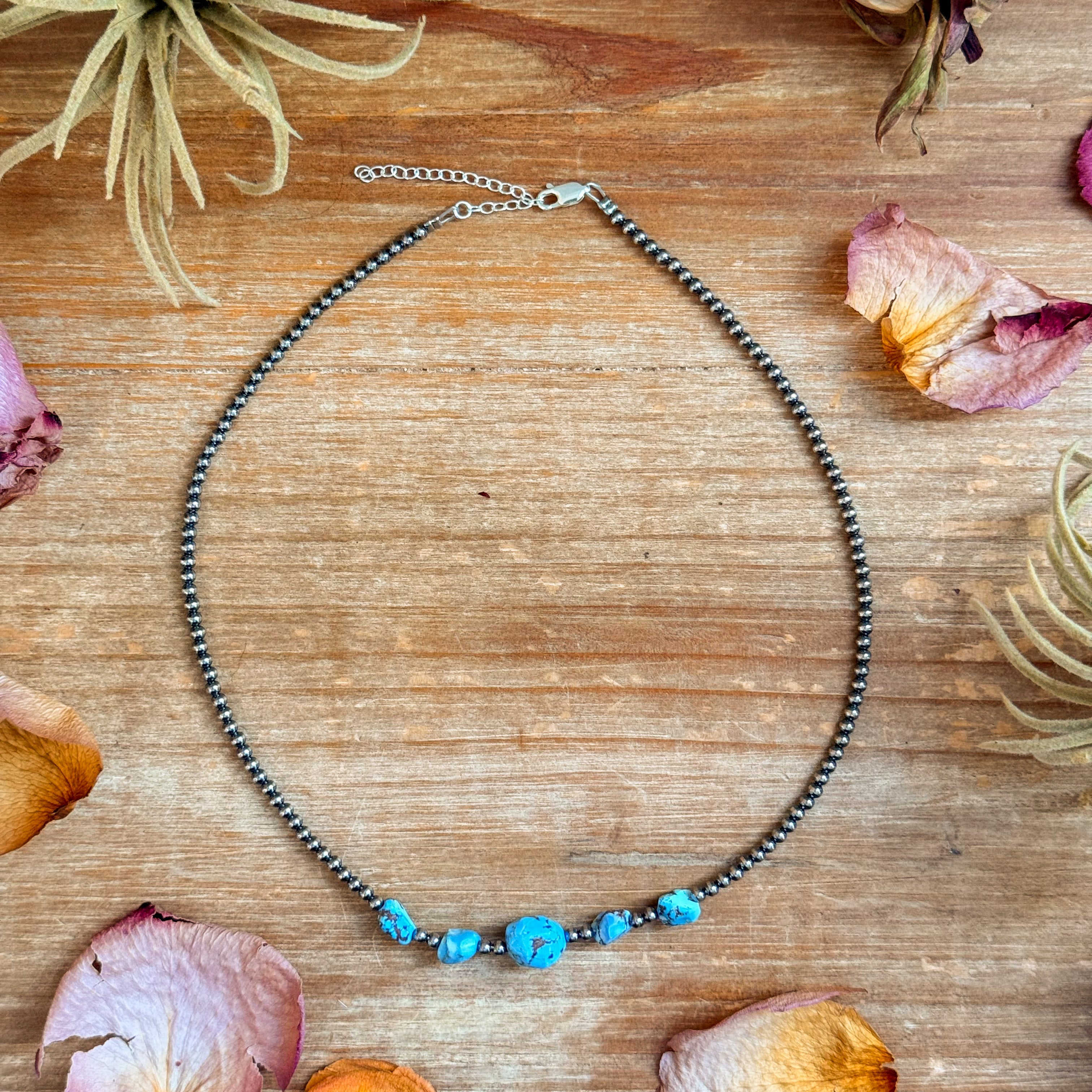 Golden Hills turquoise necklace with sterling silver pearls western handmade jewelry by The Bijoux FAB.