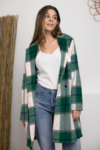 Green plaid button-up coat, lapel collar, lightweight unlined fabric, front patch pockets, classic casual layering style, sizes S–3X