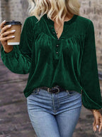 Green velvet western blouse with soft balloon sleeves, long sleeve, luxe stretch fit for everyday layering or dressed-up country chic styling.