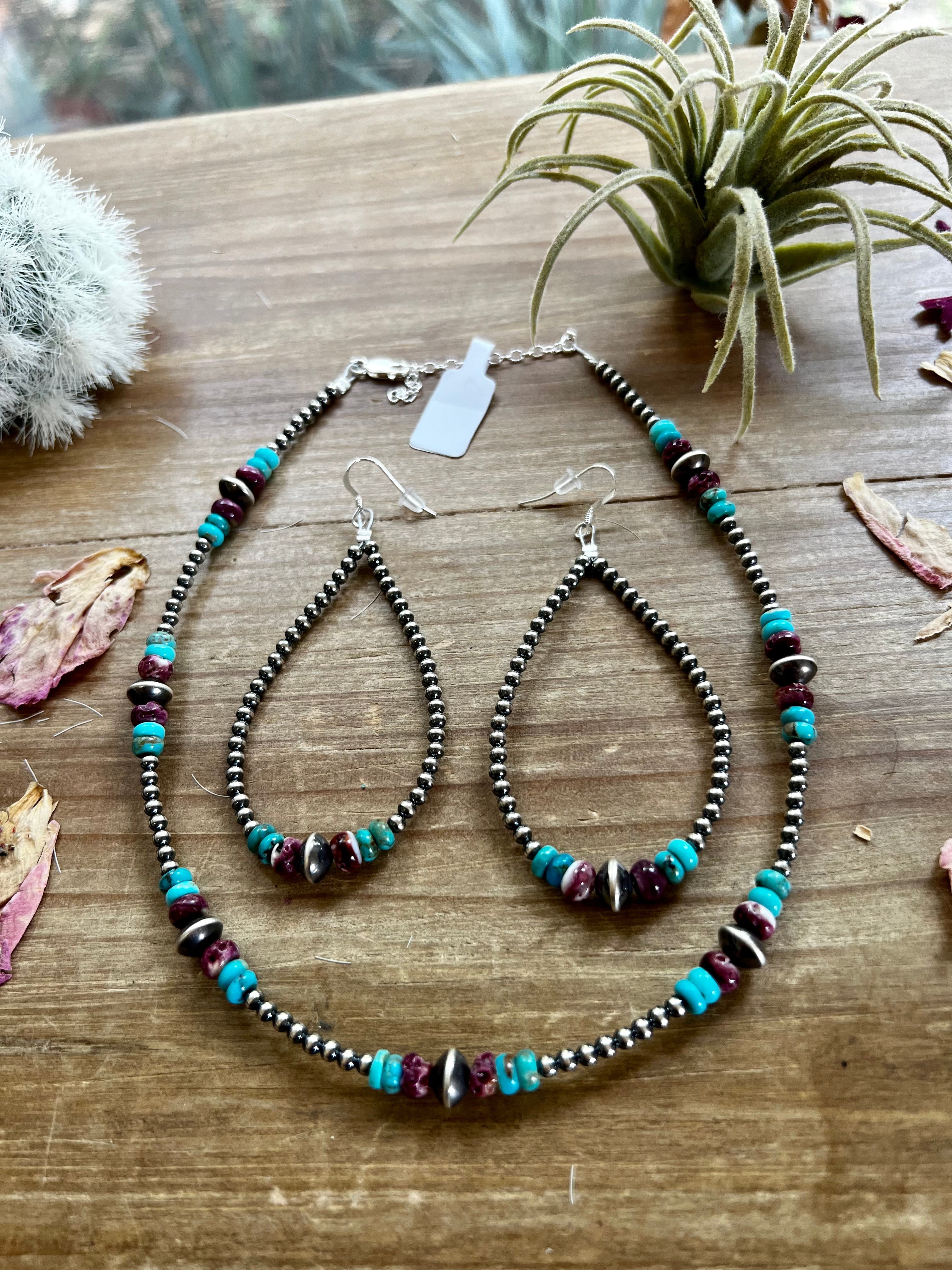 Sterling Silver Pearls choker with real turquoise and purple spiny oyster