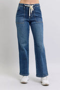 Women’s Judy Blue drawstring straight jeans with pockets, comfort stretch denim, adjustable waist tie, relaxed everyday fit for casual and western outfits.