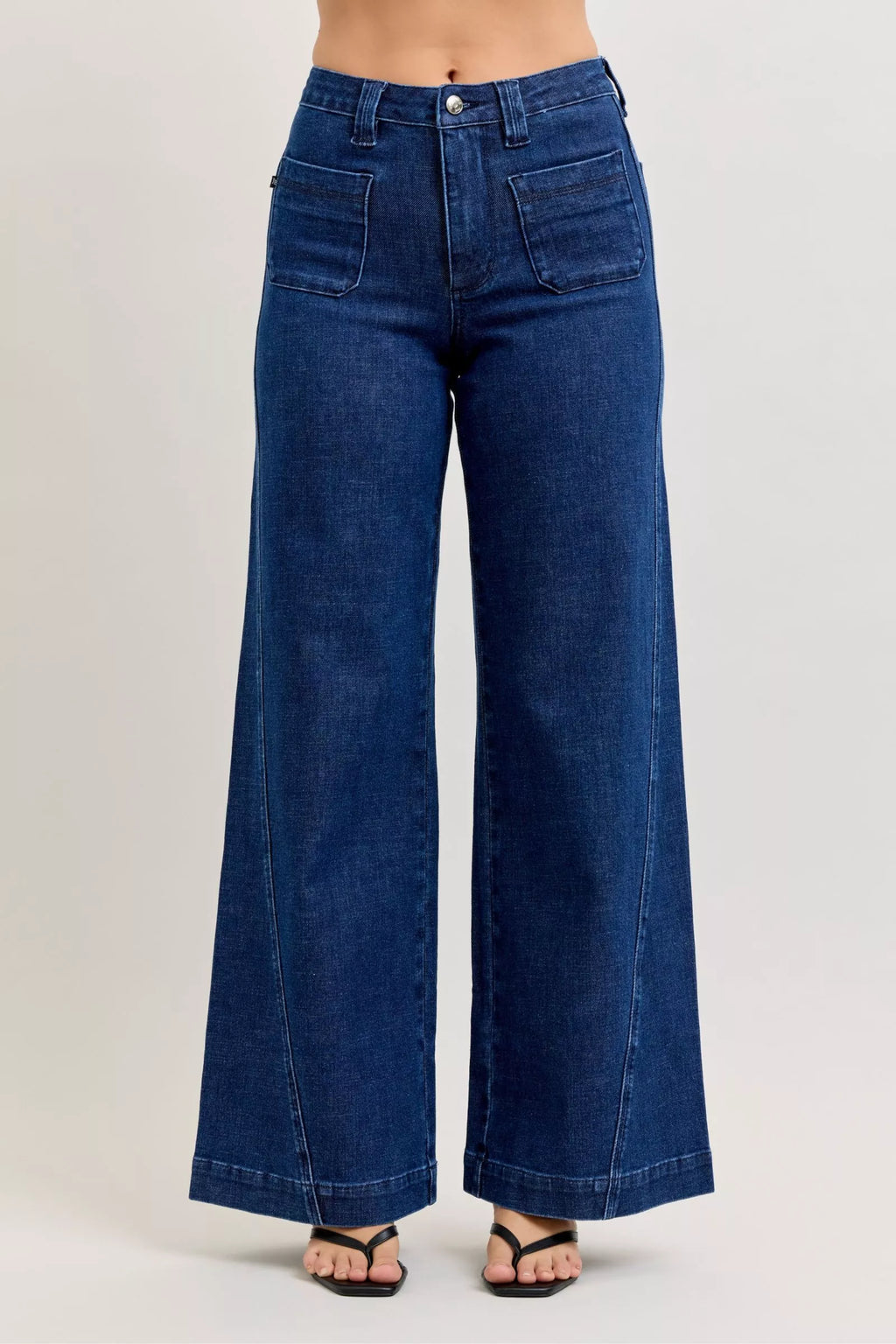 Women’s Judy Blue high-waisted retro wide leg jeans with front patch pockets and twisted seam details, classic denim casual style