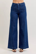 Women’s Judy Blue high-waisted retro wide leg jeans with front patch pockets and twisted seam details, classic denim casual style