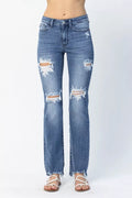 Women’s Judy Blue mid-rise destroyed straight jeans with distressed detail, relaxed retro fit, classic casual denim for everyday outfits.