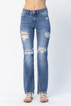 Women’s Judy Blue mid-rise destroyed straight jeans with distressed detail, relaxed retro fit, classic casual denim for everyday outfits.