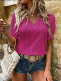 Women’s pink V-neck blouse with lace and eyelet texture detail, lightweight casual-dressy top for everyday outfits and western casual layering.