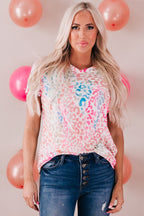 Women’s leopard print V-neck short sleeve tee, soft lightweight knit top for western casual everyday outfits, denim and layering looks.