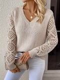 Sand-tone apricot V-neck knit sweater with lace-style hollow sleeves. Soft pullover fit, lightweight cozy layer for everyday outfits.
