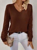 Warm brown V-neck knit sweater with lace-style hollow sleeves. Soft pullover fit, lightweight cozy top for denim, leggings, or casual layering.
