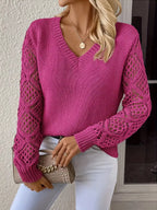 Bold fuchsia pink V-neck knit sweater with lace-style hollow sleeves. Soft pullover fit, lightweight cozy top for casual everyday wear.