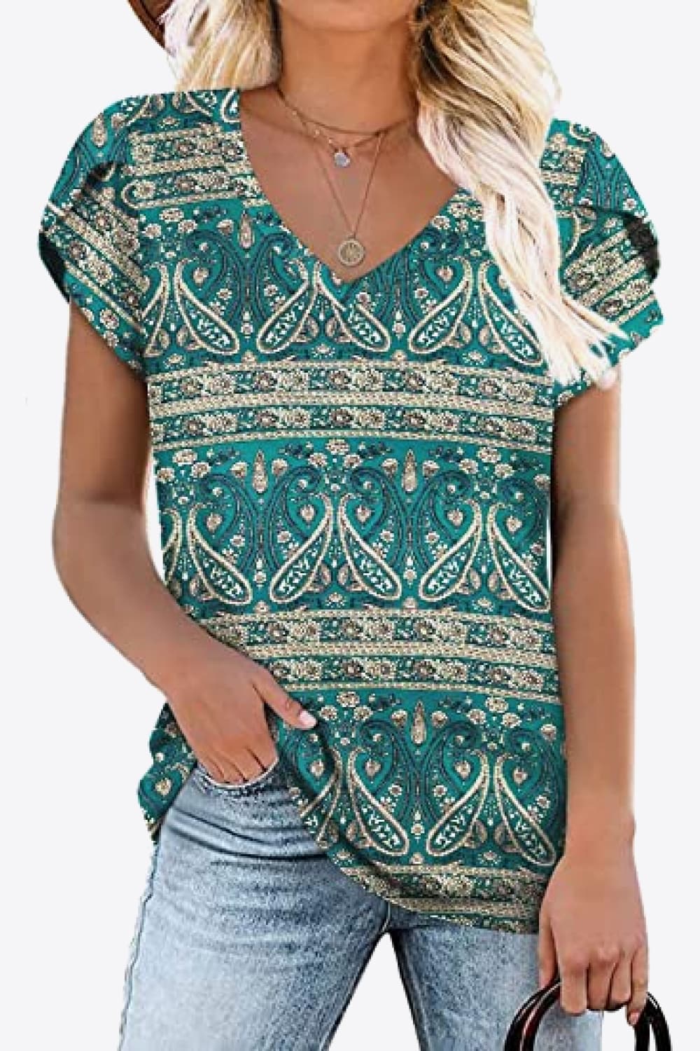 Green and ivory paisley printed blouse with a flattering V-neck and soft petal sleeves. Stretch knit everyday top.