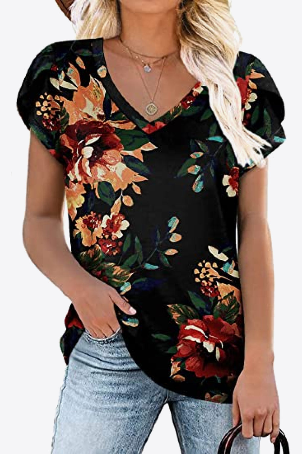 Wine floral printed blouse with a V-neck and petal sleeves. Soft stretch knit, everyday casual boutique top.