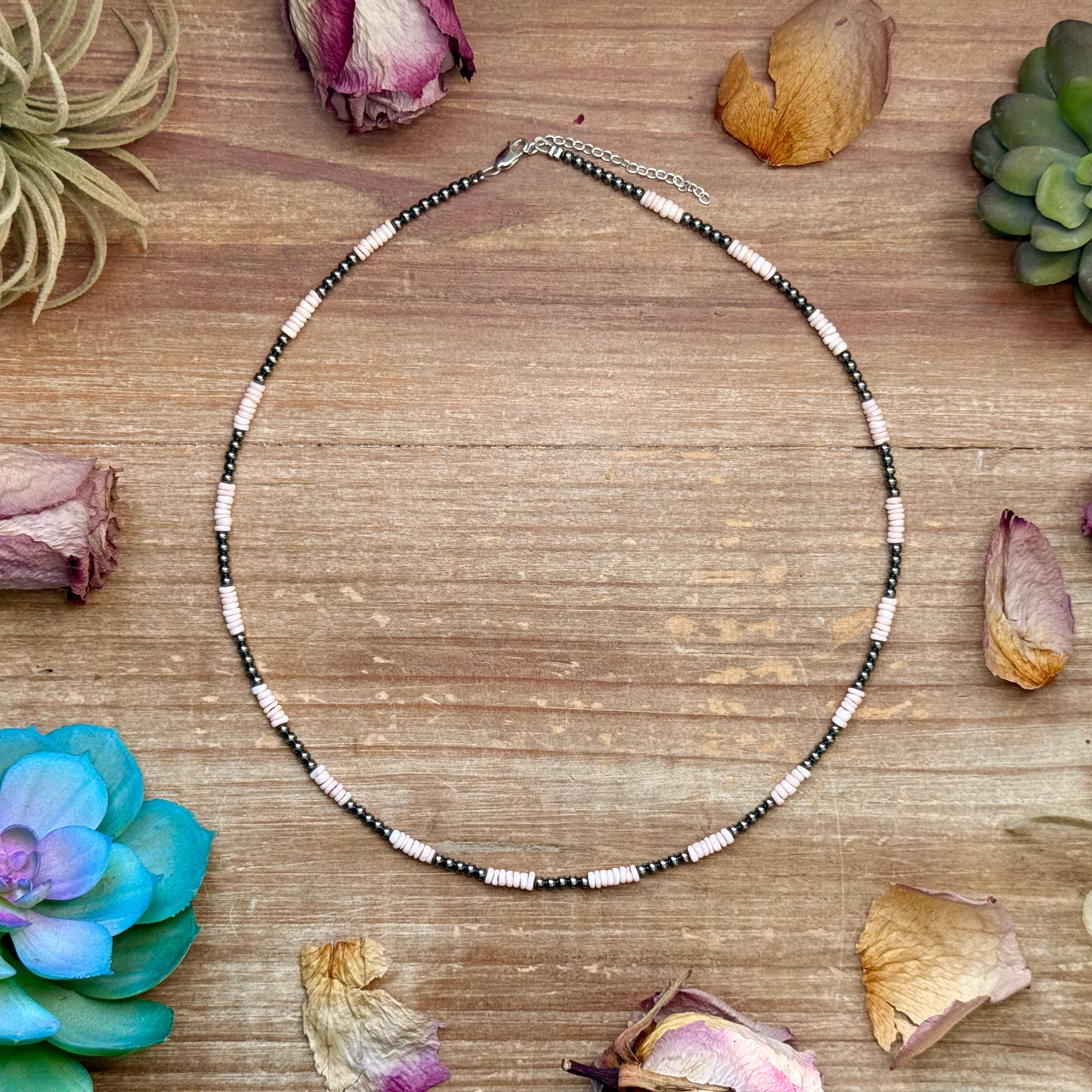 Pink conch heishi necklace with sterling silver pearls western handmade jewelry by The Bijoux FAB.