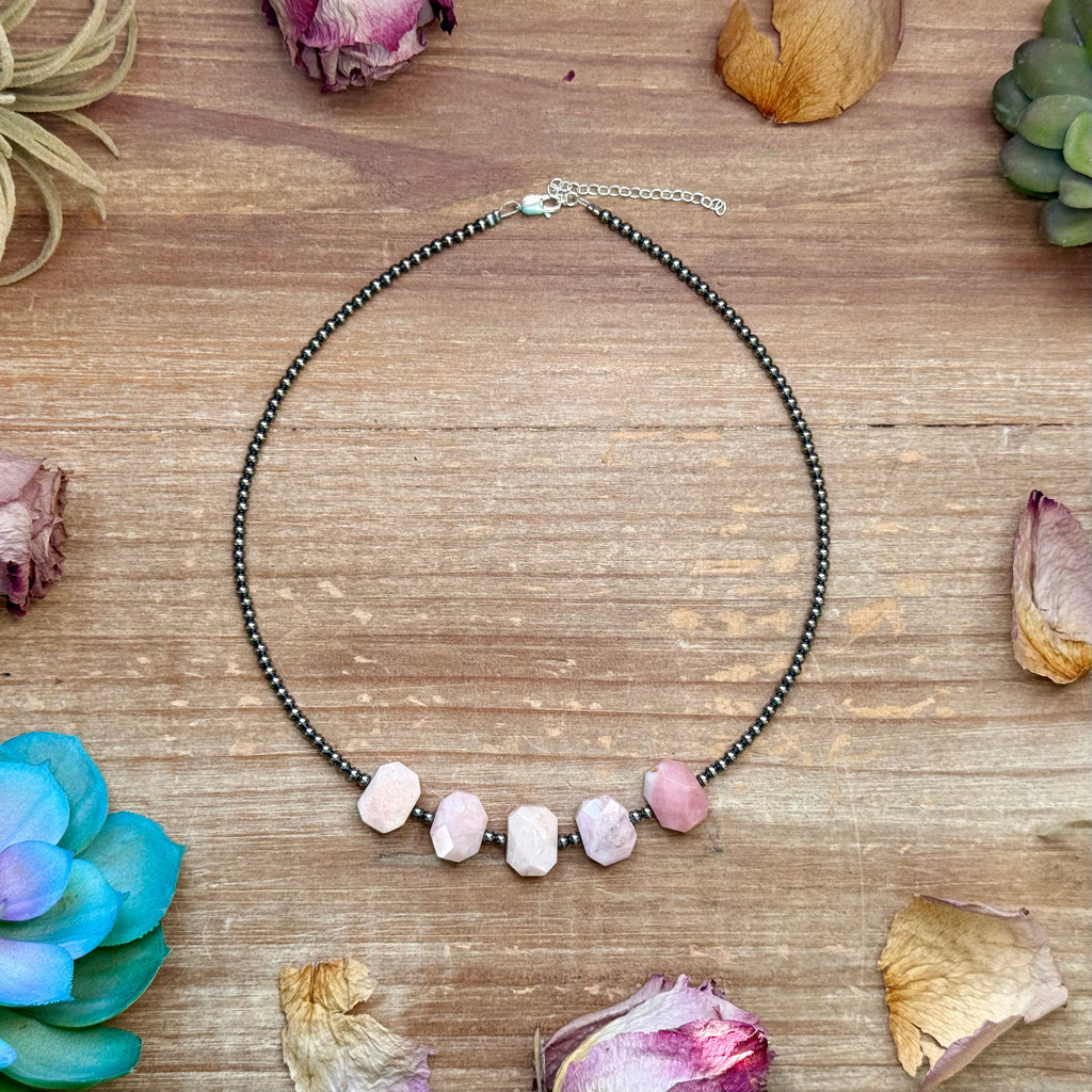Pink opal necklace with sterling silver pearls 16 inch layering necklace