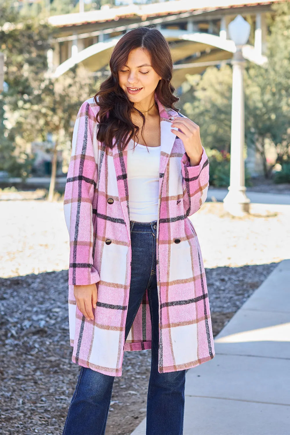 Pink plaid button-up coat, lapel collar, lightweight unlined fabric, front patch pockets, classic casual layering style, sizes S–3X