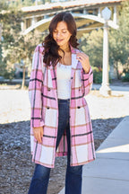 Pink plaid button-up coat, lapel collar, lightweight unlined fabric, front patch pockets, classic casual layering style, sizes S–3X