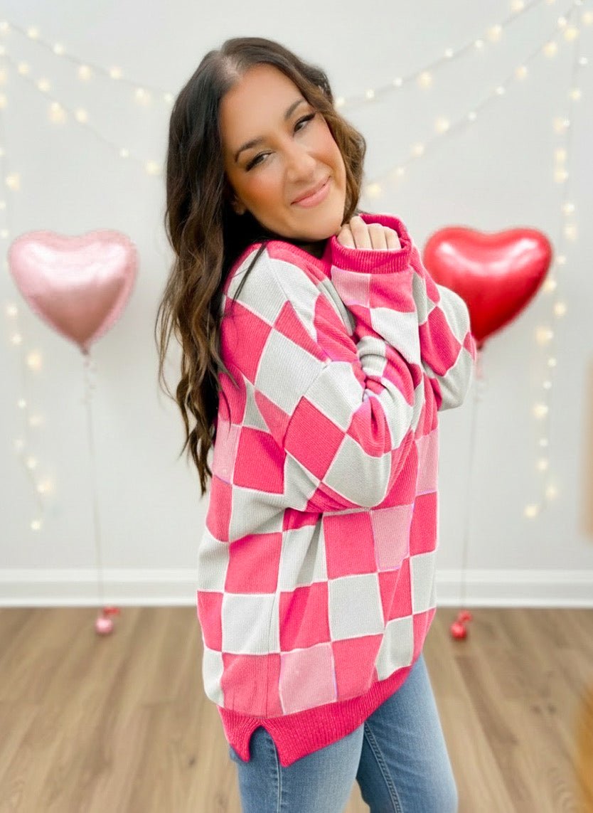 Pink Checkered Chenille Cotton Corded Crew Sweatshirt