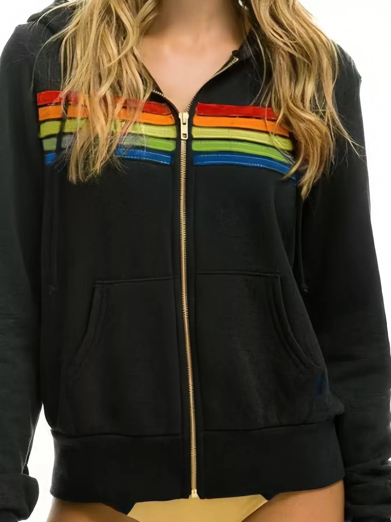 Black zip hoodie with retro striped detailing. A bold, cozy staple for casual layers, denim days, sidelines, and vintage truck-vibe outfits.