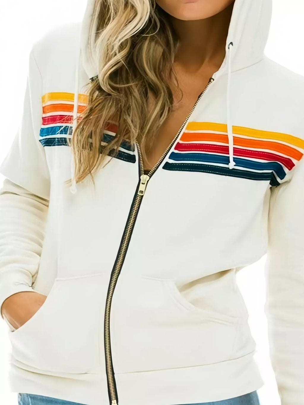 White zip hoodie with retro striped design inspired by vintage Toyota pickup truck graphics. Soft, classic, cozy, and everyday cute.