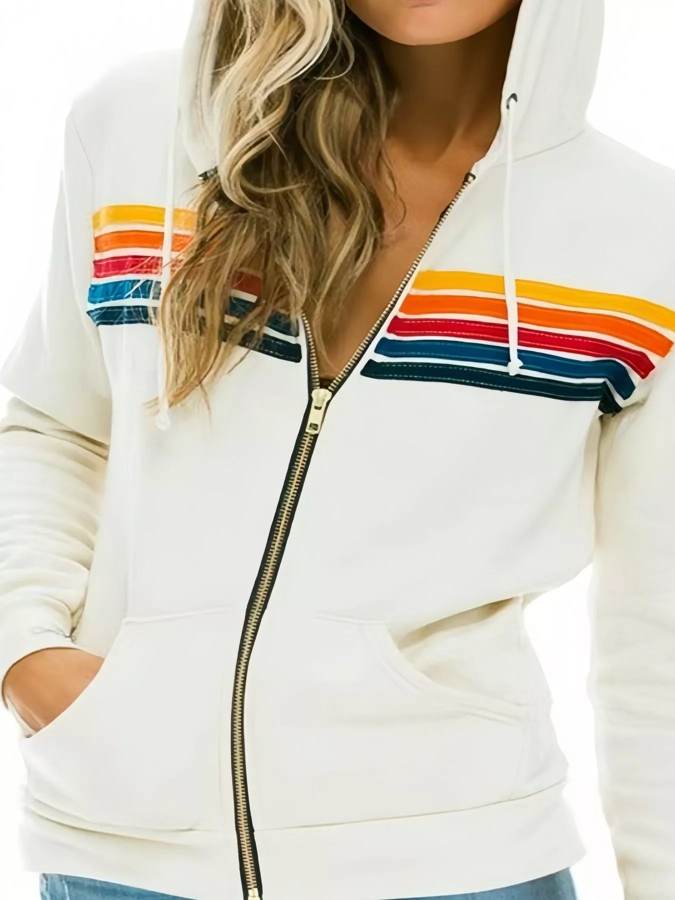 White zip hoodie with retro striped design inspired by vintage Toyota pickup truck graphics. Soft, classic, cozy, and everyday cute.