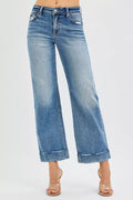 Women’s mid-rise RISEN crop straight jeans with cuff hem, structured tailored-edge details, durable denim, western casual everyday styling.