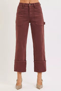 Women’s high-rise carpenter jeans by RISEN in burgundy brown, wide straight leg, utility pocket details, durable retro western casual denim.