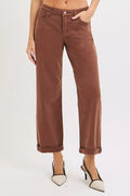Women’s mid-rise barrel jeans by RISEN in brown with tummy control panel, vintage curved seam details, relaxed retro fit for western casual everyday outfits.