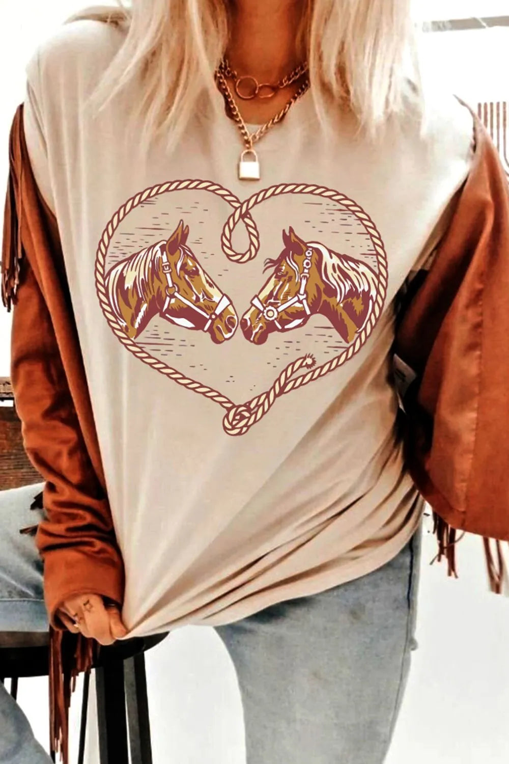 Women’s graphic t-shirt with rodeo horse rope heart design, soft casual short sleeve tee for everyday western casual outfits.