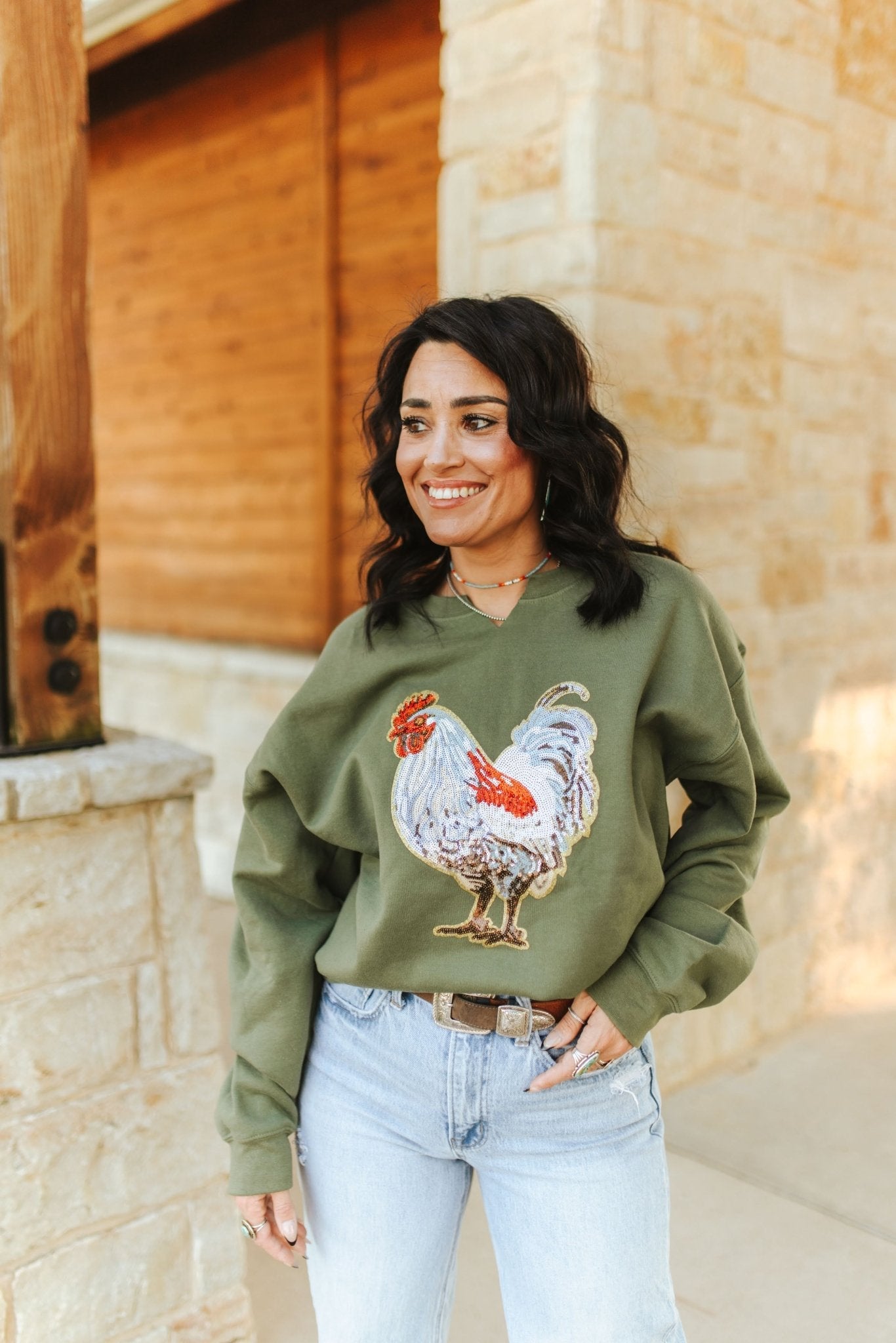 Rooster Sequin V-neck Graphic Sweatshirt