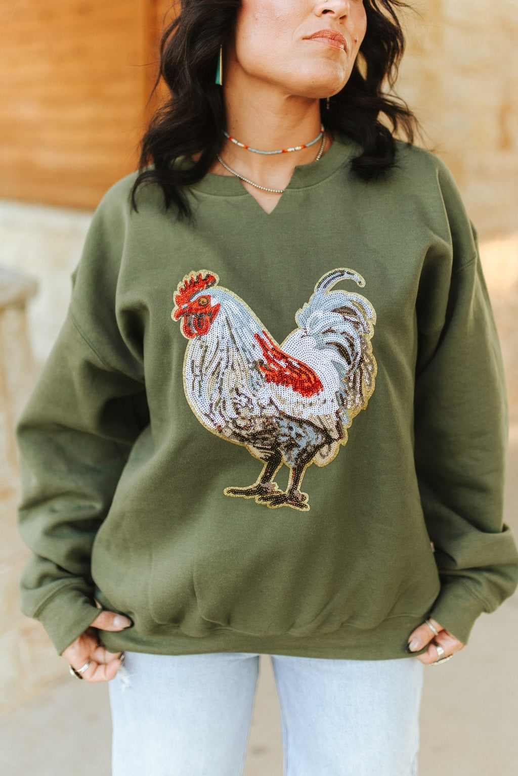 Rooster Sequin V-neck Graphic Sweatshirt