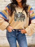 Women’s sequined wild horse graphic bubble sleeve sweatshirt, cozy casual top with sparkle detailing for western casual everyday outfits.