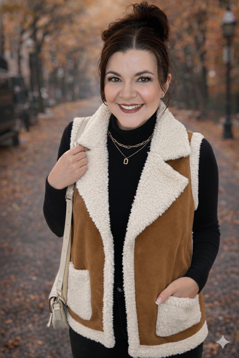 Women’s full-size open front sherpa vest, plush soft texture, cozy sleeveless layer, casual everyday warmth over tees and sweaters for fall and winter.