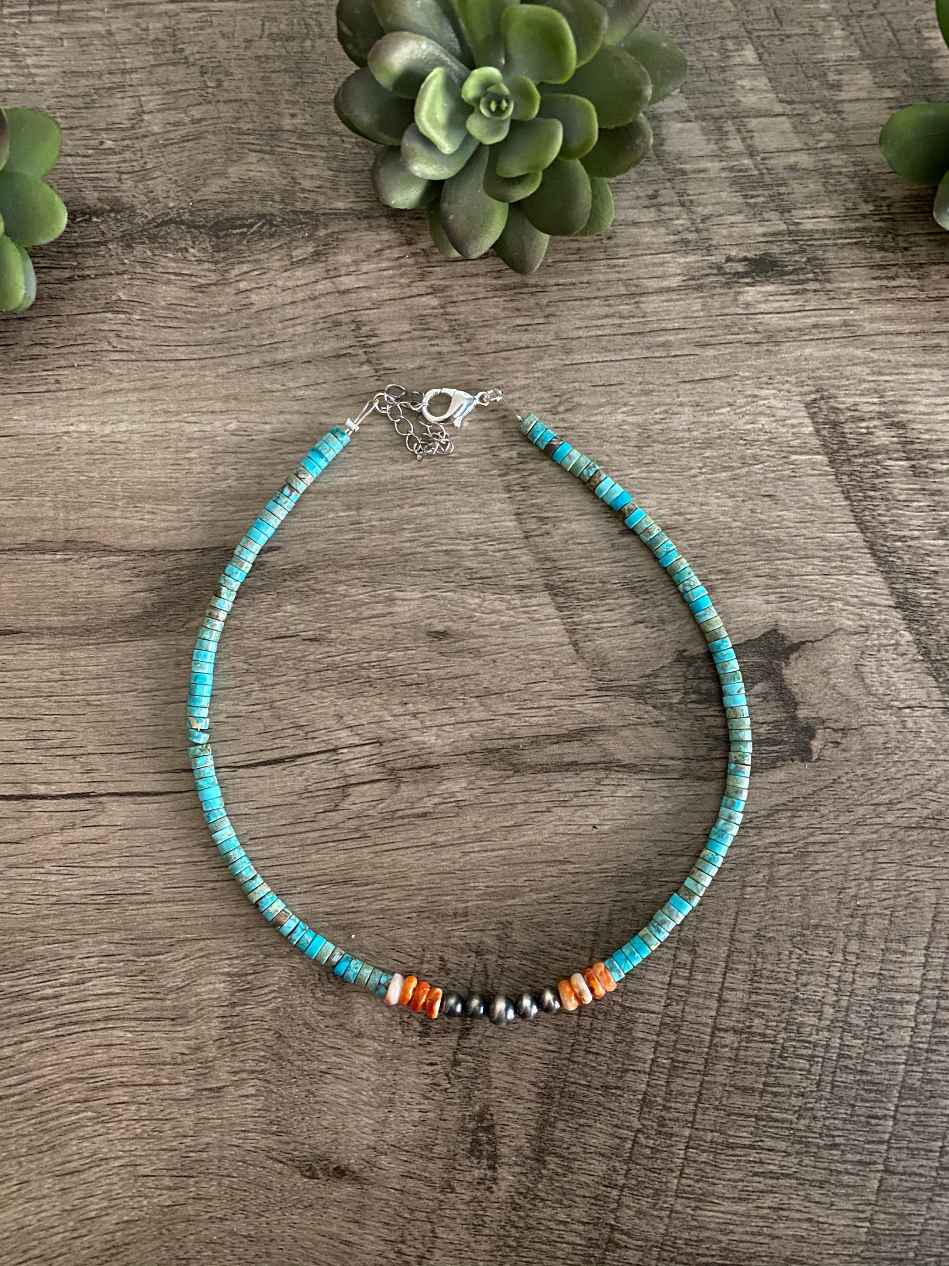 Spiny oyster and sterling silver pearl choker necklace with variscite beads in a western southwestern style