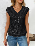 Women’s sequin V-neck top with bold shimmer, lightweight retro party layering piece for casual dressy, western casual and night-out outfits. Black
