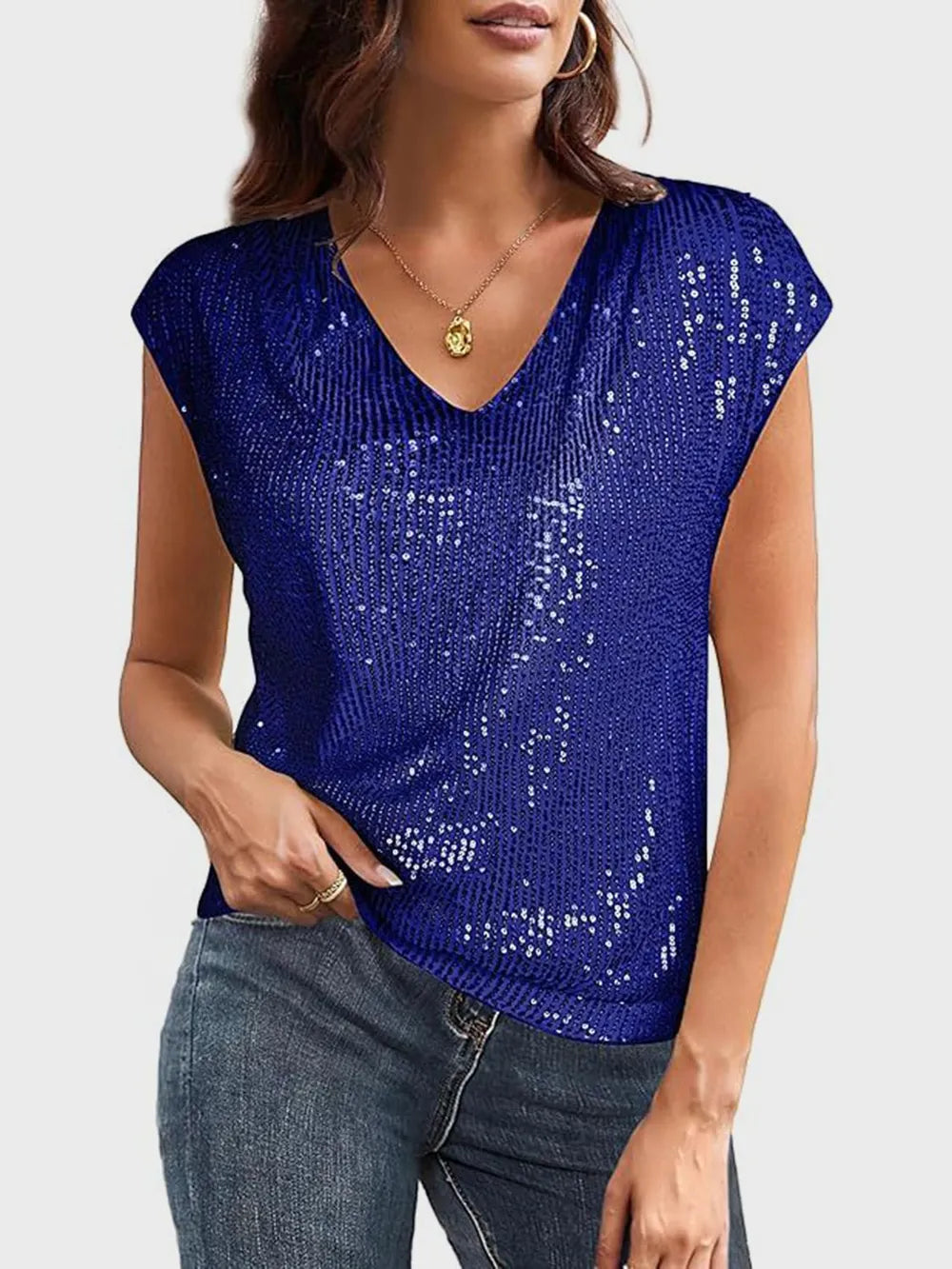 Women’s sequin V-neck top with bold shimmer, lightweight retro party layering piece for casual dressy, western casual and night-out outfits. Blue