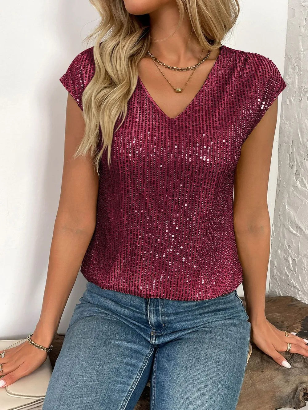 Women’s sequin V-neck top with bold shimmer, lightweight retro party layering piece for casual dressy, western casual and night-out outfits. Burgundy