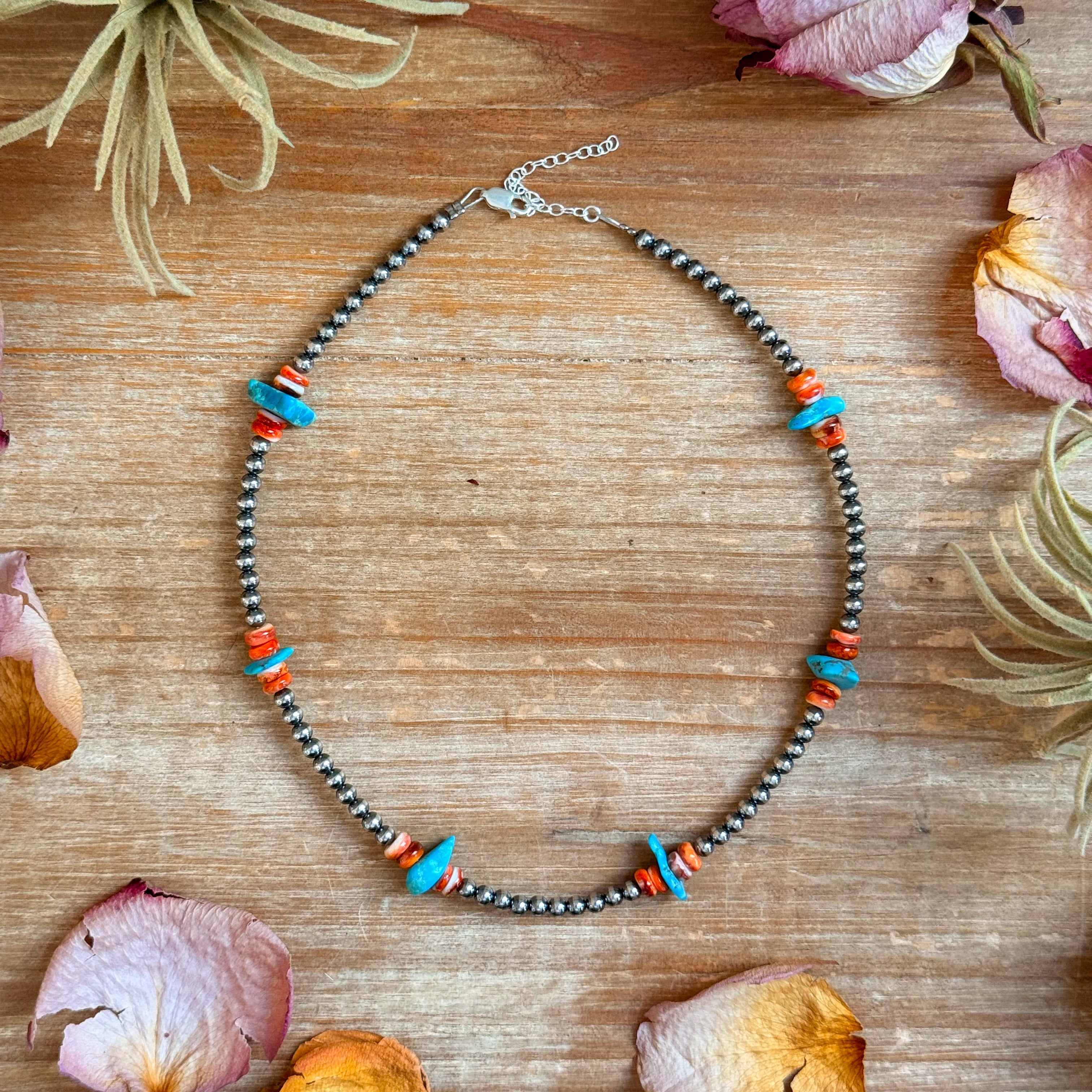 Sleeping Beauty turquoise and spiny oyster necklace with 4mm sterling silver pearls, 14.5 inch Western handmade jewelry piece
