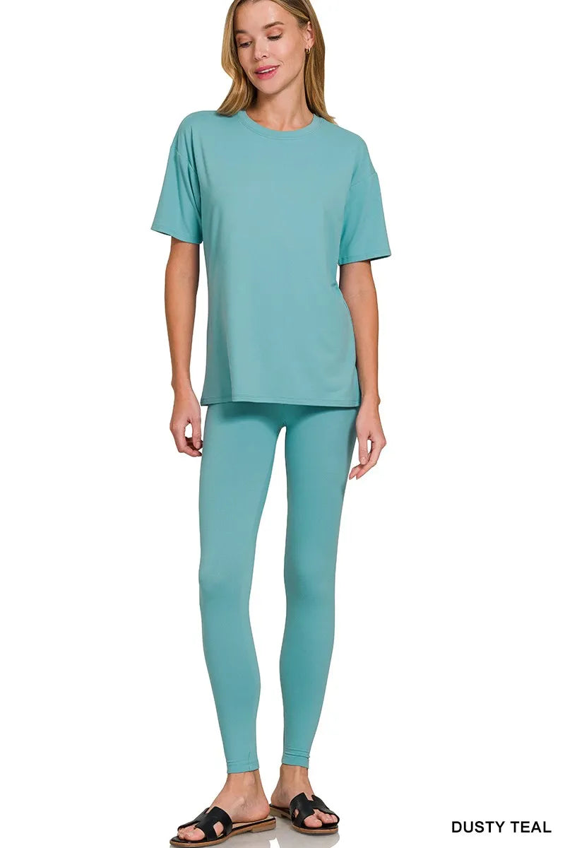 Dusty teal Zenana brushed microfiber lounge set with a pullover short sleeve top and matching opaque stretch leggings. Soft, relaxed, everyday comfy fit.