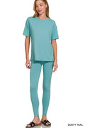 Dusty teal Zenana brushed microfiber lounge set with a pullover short sleeve top and matching opaque stretch leggings. Soft, relaxed, everyday comfy fit.