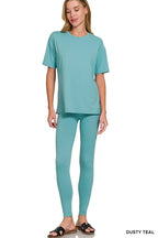 Dusty teal Zenana brushed microfiber lounge set with a pullover short sleeve top and matching opaque stretch leggings. Soft, relaxed, everyday comfy fit.