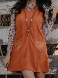 Women’s terracotta corduroy shift dress with boot-stitch pockets, casual western everyday outfit with classic textured fabric.