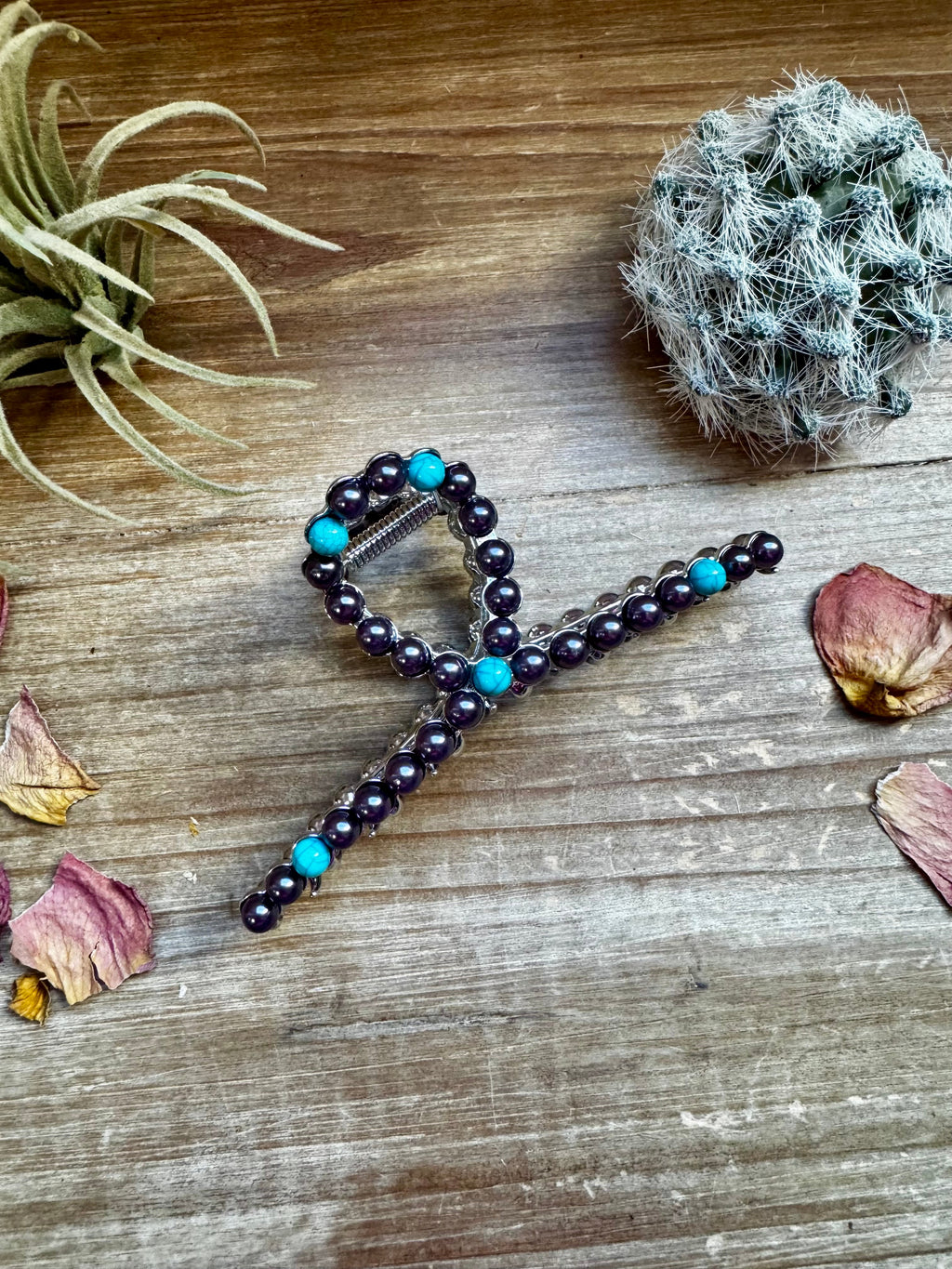 Turquoise magnesite and faux pearl beaded hair clips western boutique hair accessory.