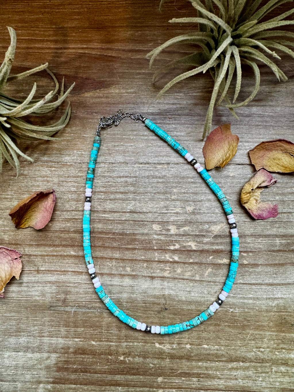 Women’s 14 inch choker necklace with turquoise variscite, pink conch, and 925 silver beads, North Texas handmade artisan jewelry for western casual layering.