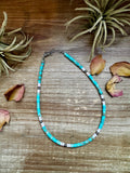 Women’s 14 inch choker necklace with turquoise variscite, pink conch, and 925 silver beads, North Texas handmade artisan jewelry for western casual layering.