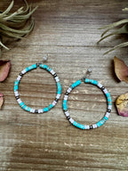 Turquoise variscite and pink conch bead hoop earrings with sterling silver accents, colorful western jewelry, 2 inch lightweight handcrafted hoops