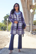 Violet plaid button-up coat, lapel collar, lightweight unlined fabric, front patch pockets, classic casual layering style, sizes S–3X