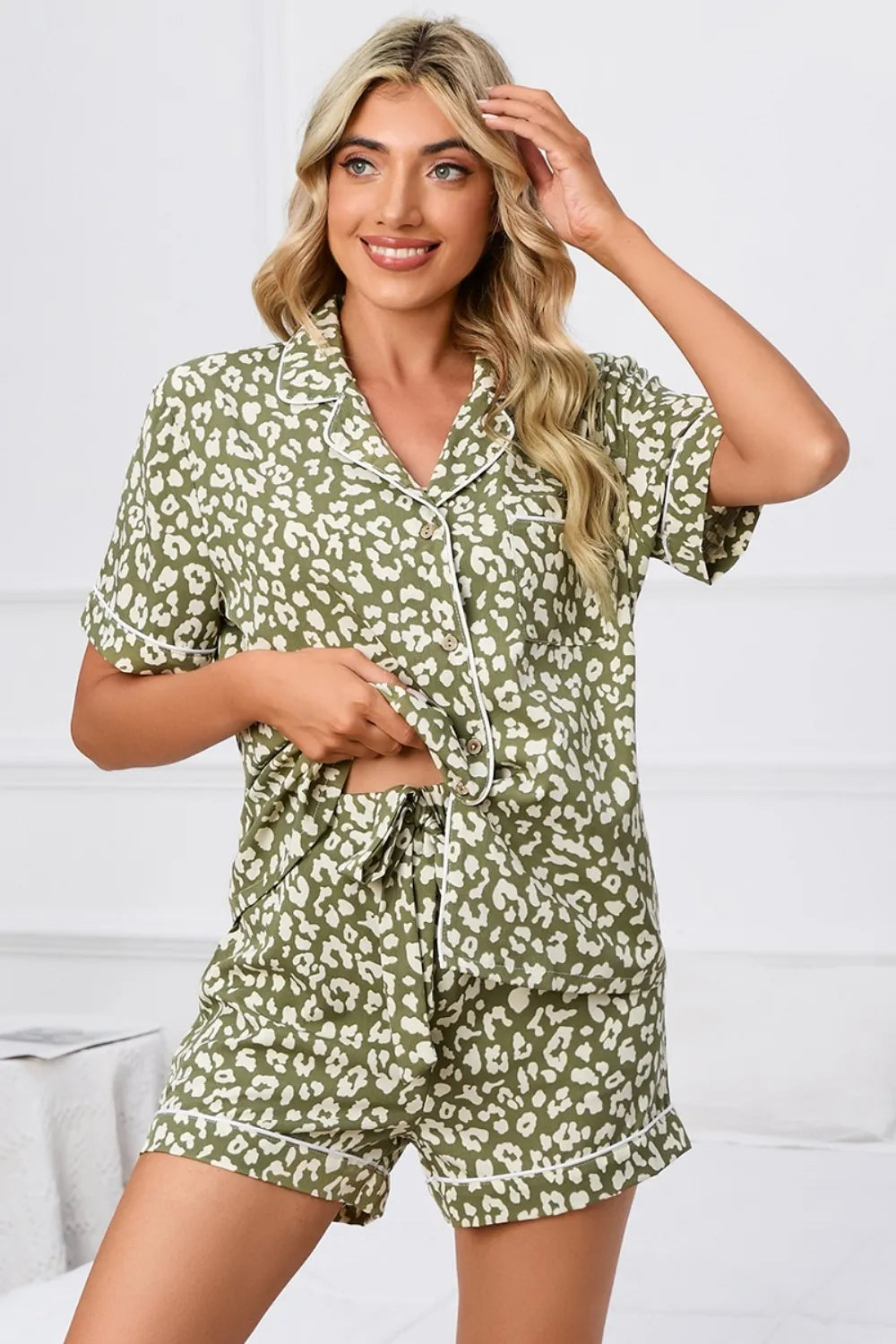Women’s leopard lounge set with soft casual fit, cozy everyday pajama and loungewear style for relaxed home and weekend comfort. Moss green