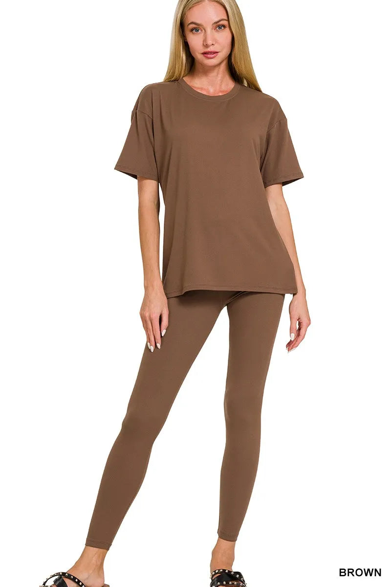 Women’s brown brushed microfiber short sleeve lounge set by Zenana, two-piece soft stretch top and shorts, breathable cozy fabric, sizes S–3X, casual everyday loungewear