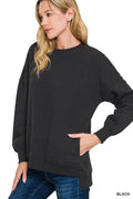 Women’s black fleece hi-low boyfriend sweatshirt with pockets, ultra-soft cozy fabric, relaxed casual fit for everyday layering and comfort wear.