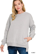 Women’s gray fleece hi-low boyfriend sweatshirt with pockets, ultra-soft cozy fabric, relaxed casual fit for everyday layering and comfort wear.